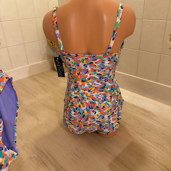 Catalina Colorful Abstract Print One Piece Swimsuit NWTs Cross Front Design - Picture 5 of 10
